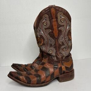 El General Exotic Leather Cowboy Boots Men's 7.5 Brown Diamond Patchwork